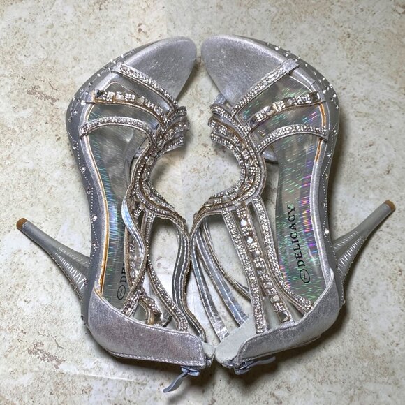 Silver Rhinestone High Heel Sandals With Zipper Back For Women Glam Party Prom - Picture 6 of 8